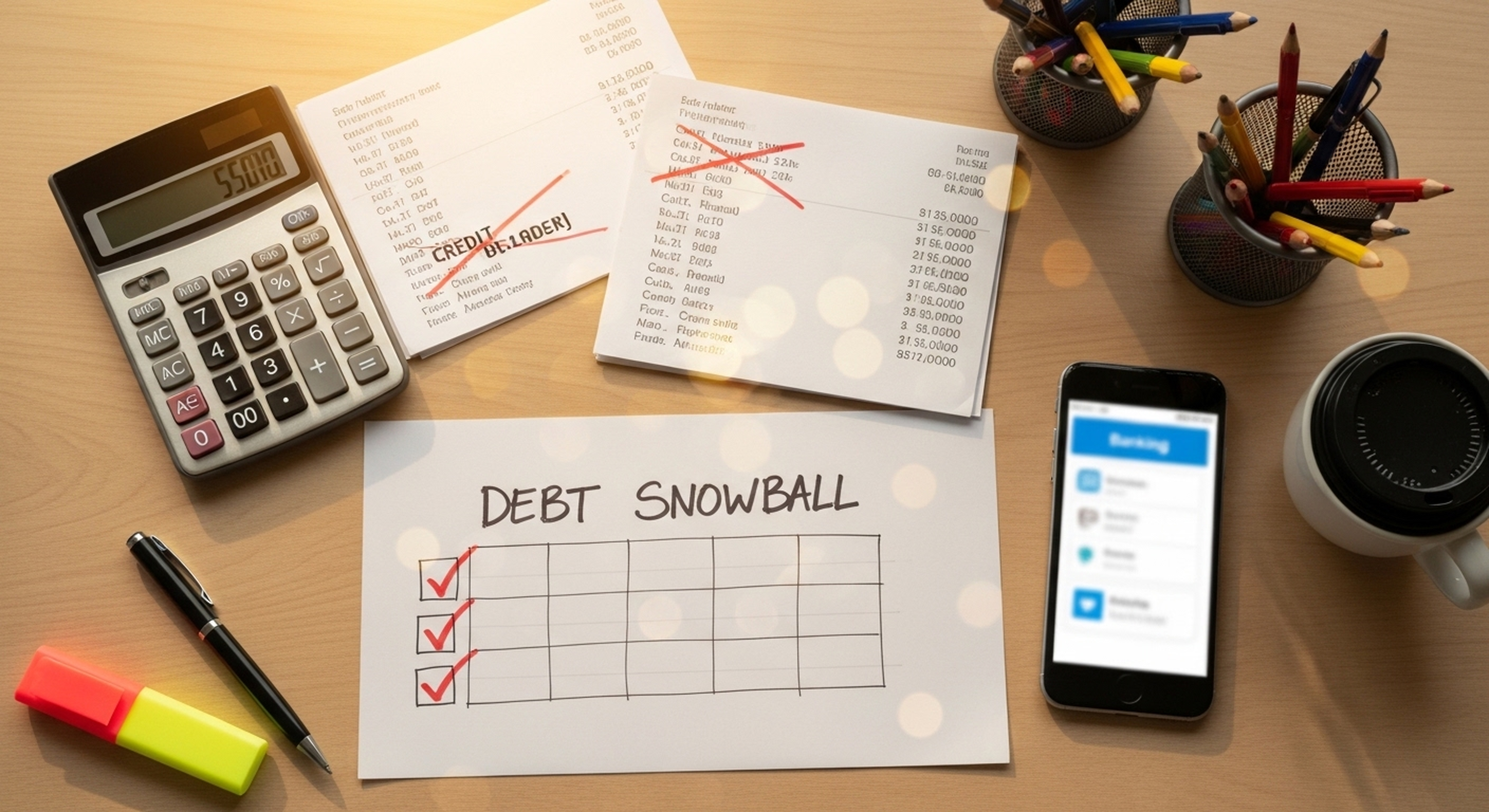 Debt payoff planning workspace with calculator, credit card statements, and progress tracker showing strategies to eliminate debt fast in 2026